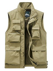 Men's Cargo Vest Zipper Pockets Stand Collar Outwear