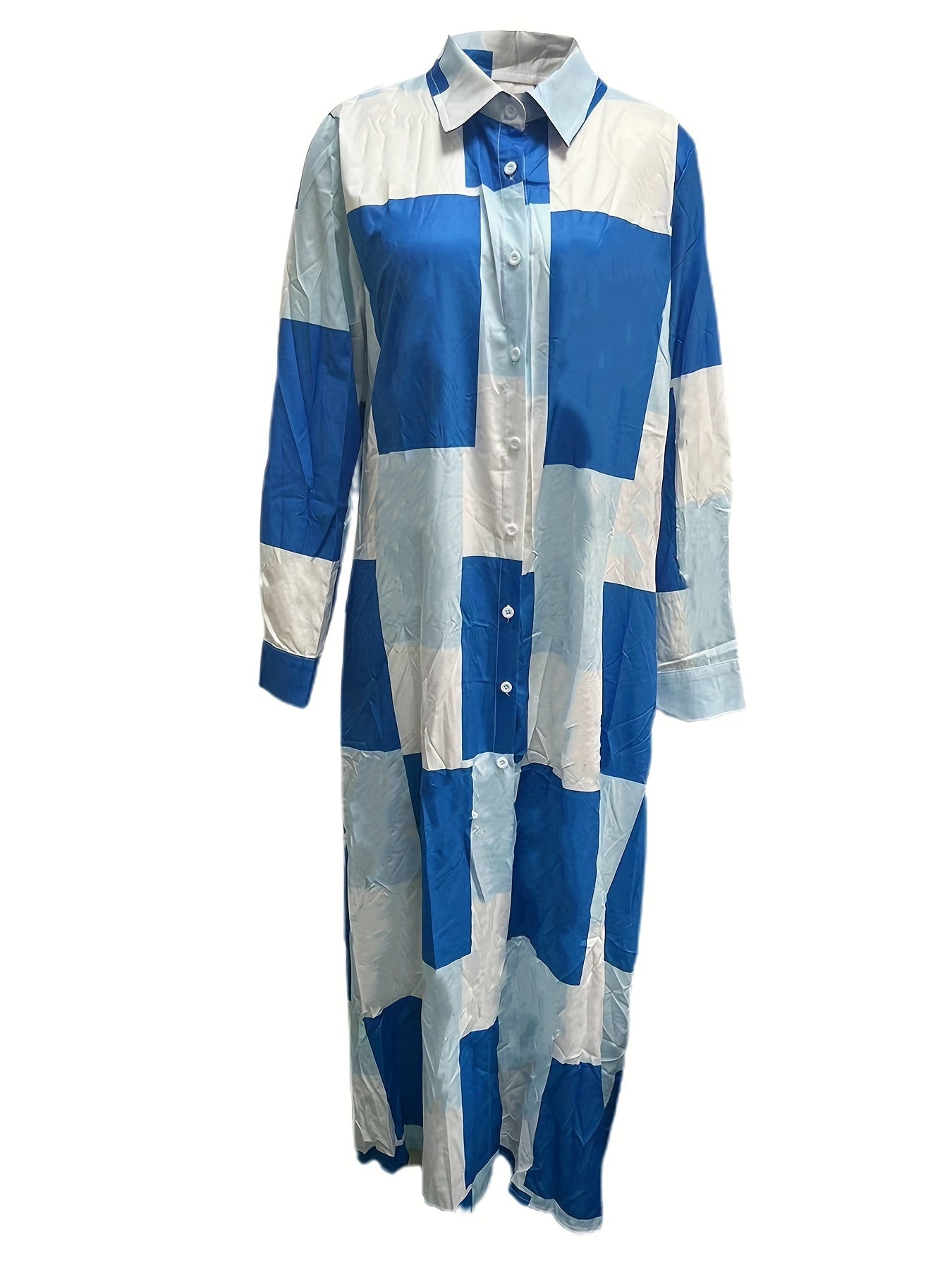 Colorblock Print Long Sleeve Polo Neck Maxi Shirt Dress
