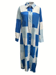 Colorblock Print Long Sleeve Polo Neck Maxi Shirt Dress
