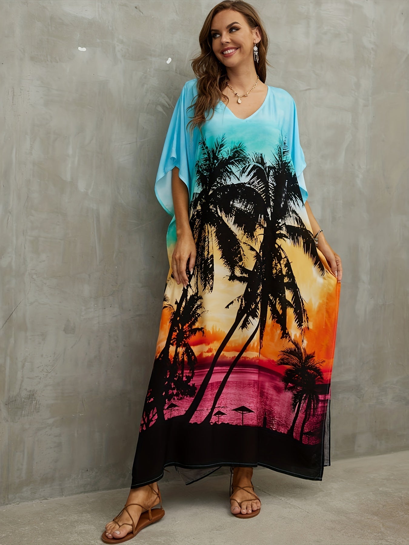 Beach Print Cover Up Dress V Neck Bat Sleeve