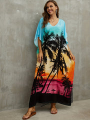 Beach Print Cover Up Dress V Neck Bat Sleeve