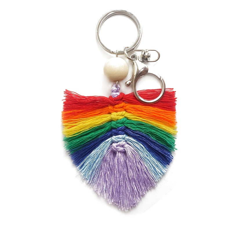 Hand Woven Keychain Wooden Bead Rainbow Tassel Pendant Holiday Gift