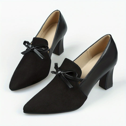 Women's Bowknot Court Pumps Pointed Toe Block Heels