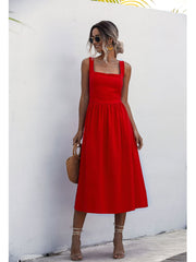 Women Solid Midi Long Dress Backless Slip Square Collar Ruched Party