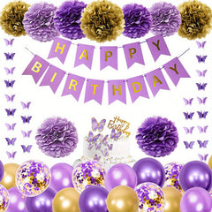 Purple Birthday Decorations Butterfly Garland Balloons Flowers Cake Toppers