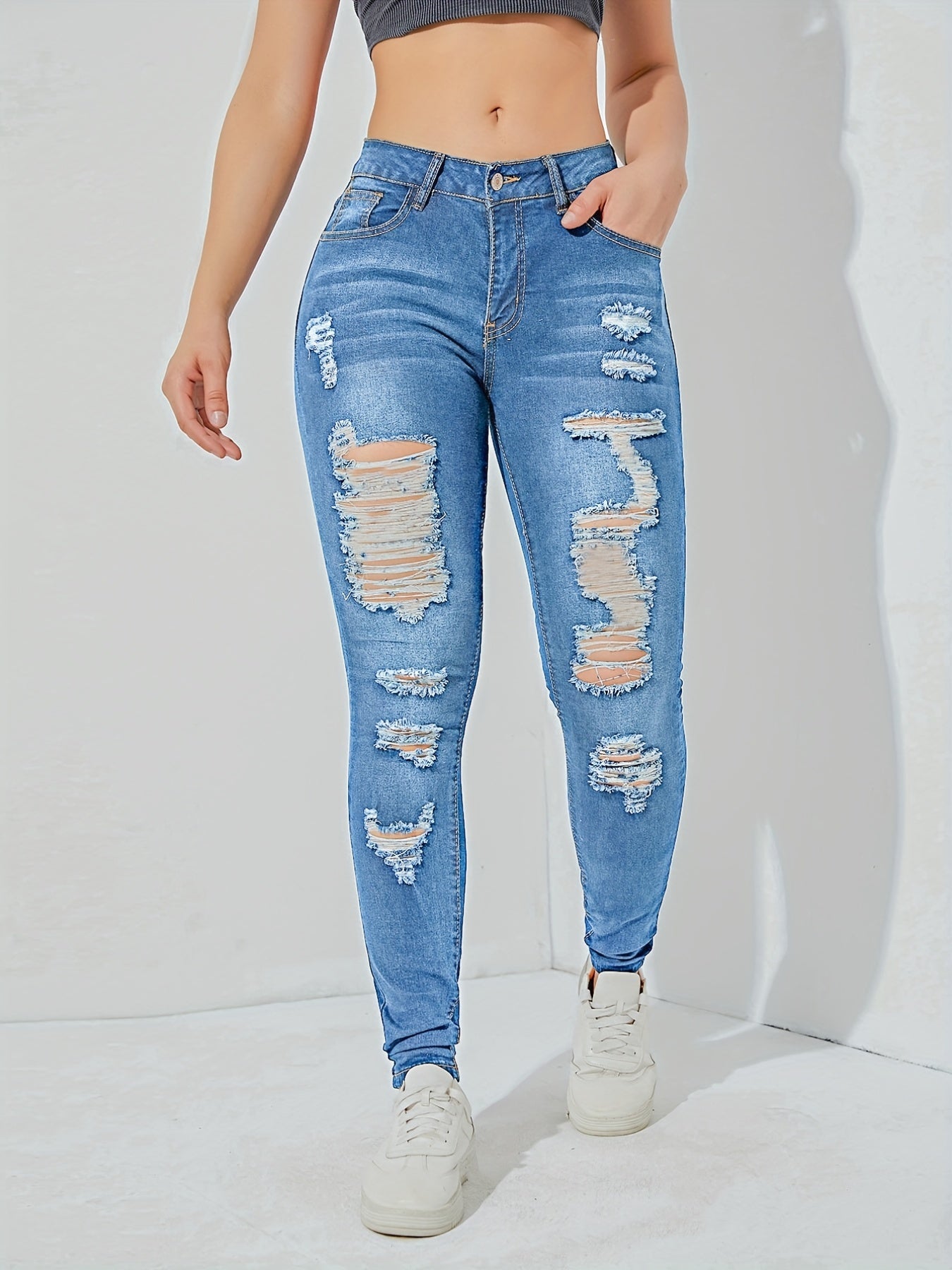 Ripped Skinny Jeans Slash Pockets Distressed High Rise Denim Pants