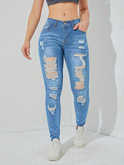 Ripped Skinny Jeans Slash Pockets Distressed High Rise Denim Pants
