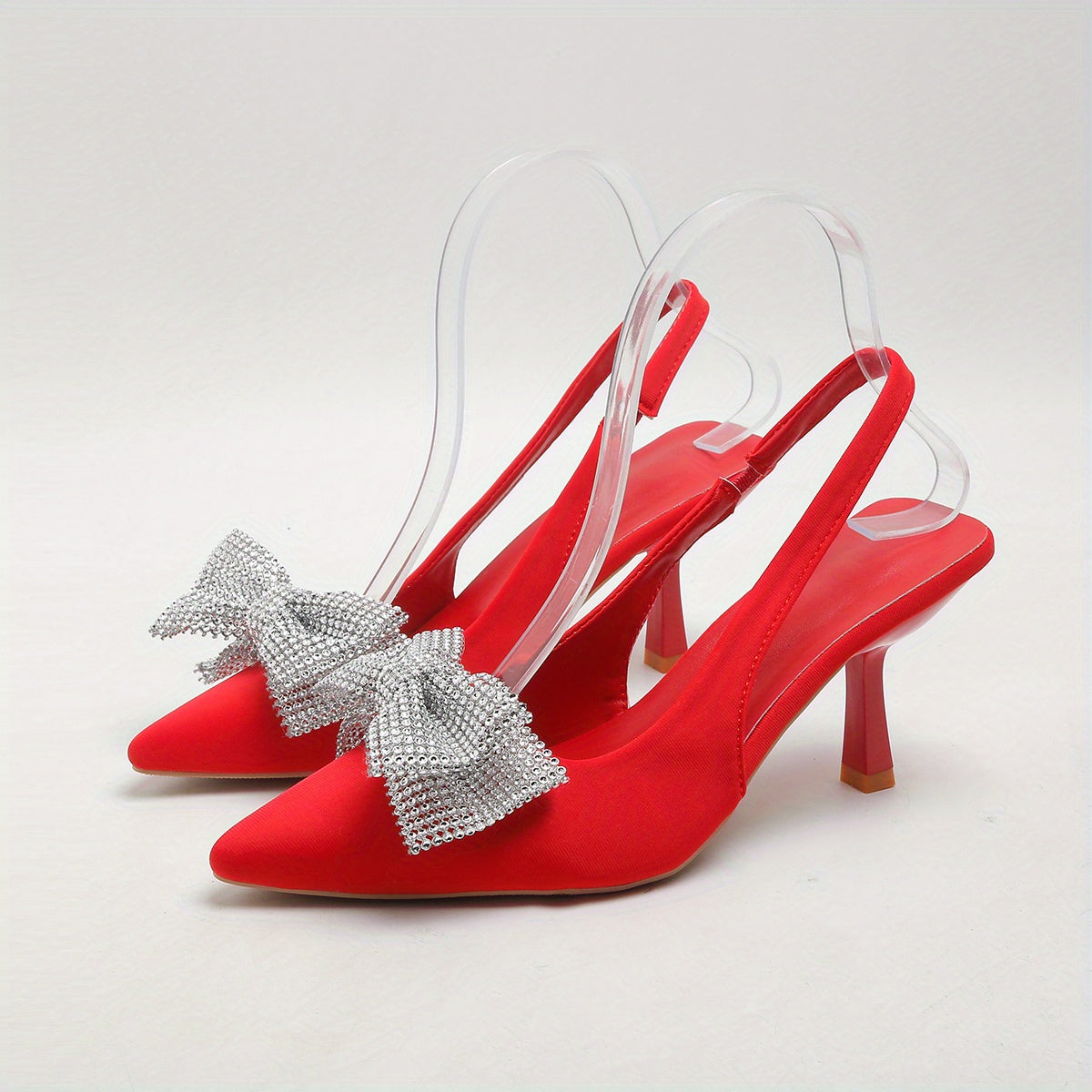 Rhinestone Bow Sandals Pointed Toe Slingback Mid Heels