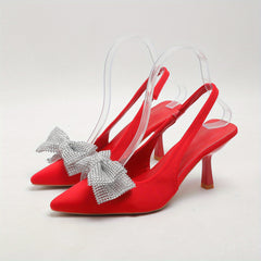 Rhinestone Bow Sandals Pointed Toe Slingback Mid Heels