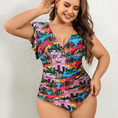 Swimsuit Women's Plus Print V Neck Ruffle Trim Bathing Suit