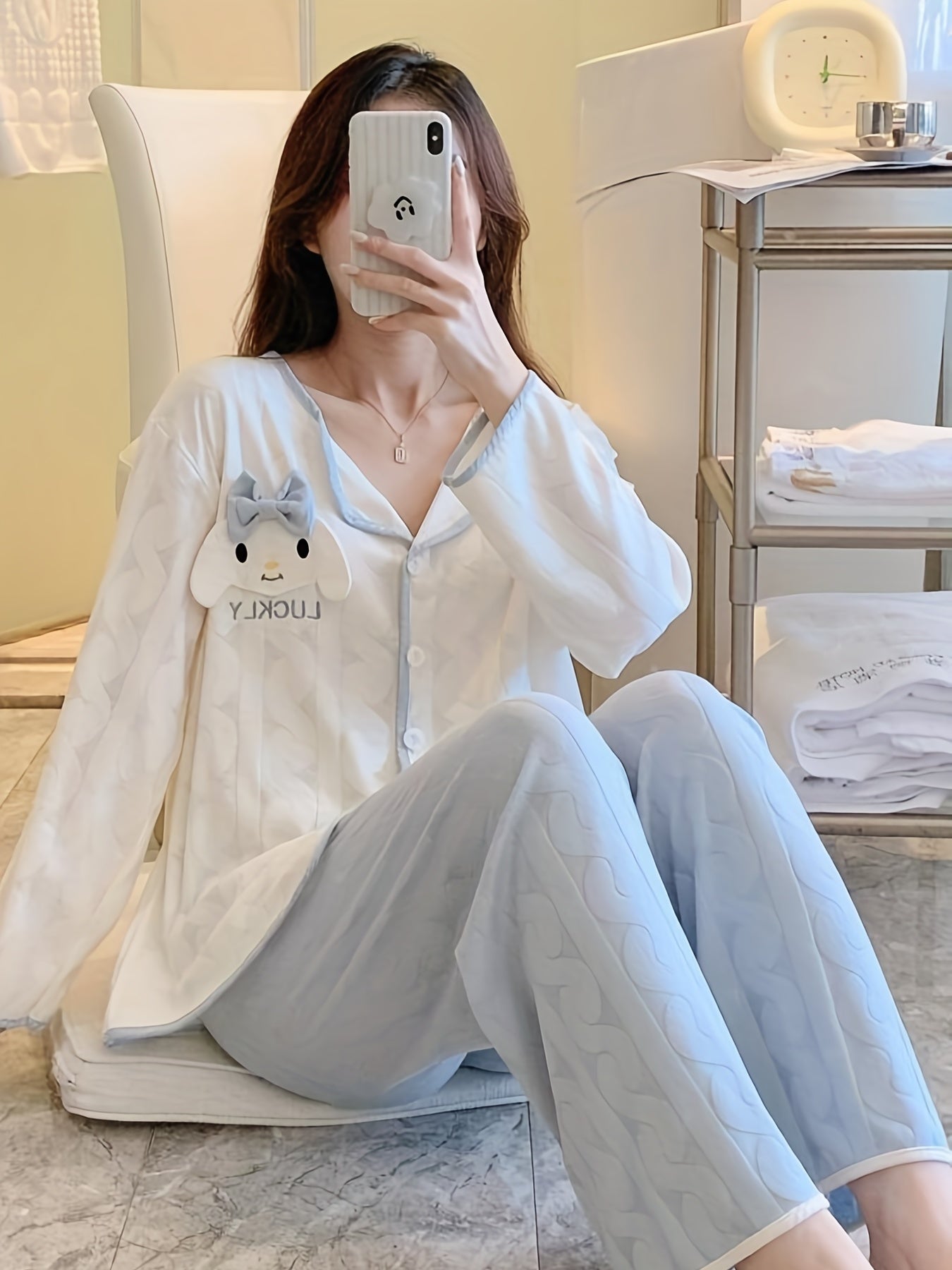 Cartoon Print Pajama Set Long Sleeve Top & Pants Women's Sleepwear