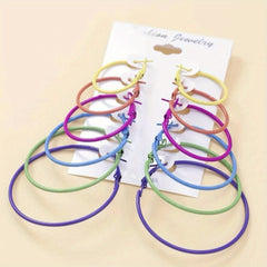 6pairs Exaggerated Hoop Earrings Set For Girls Rainbow Golden Silver