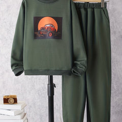 Boy's Cartoon Car Sweatshirt & Sweatpants Set for Spring Fall
