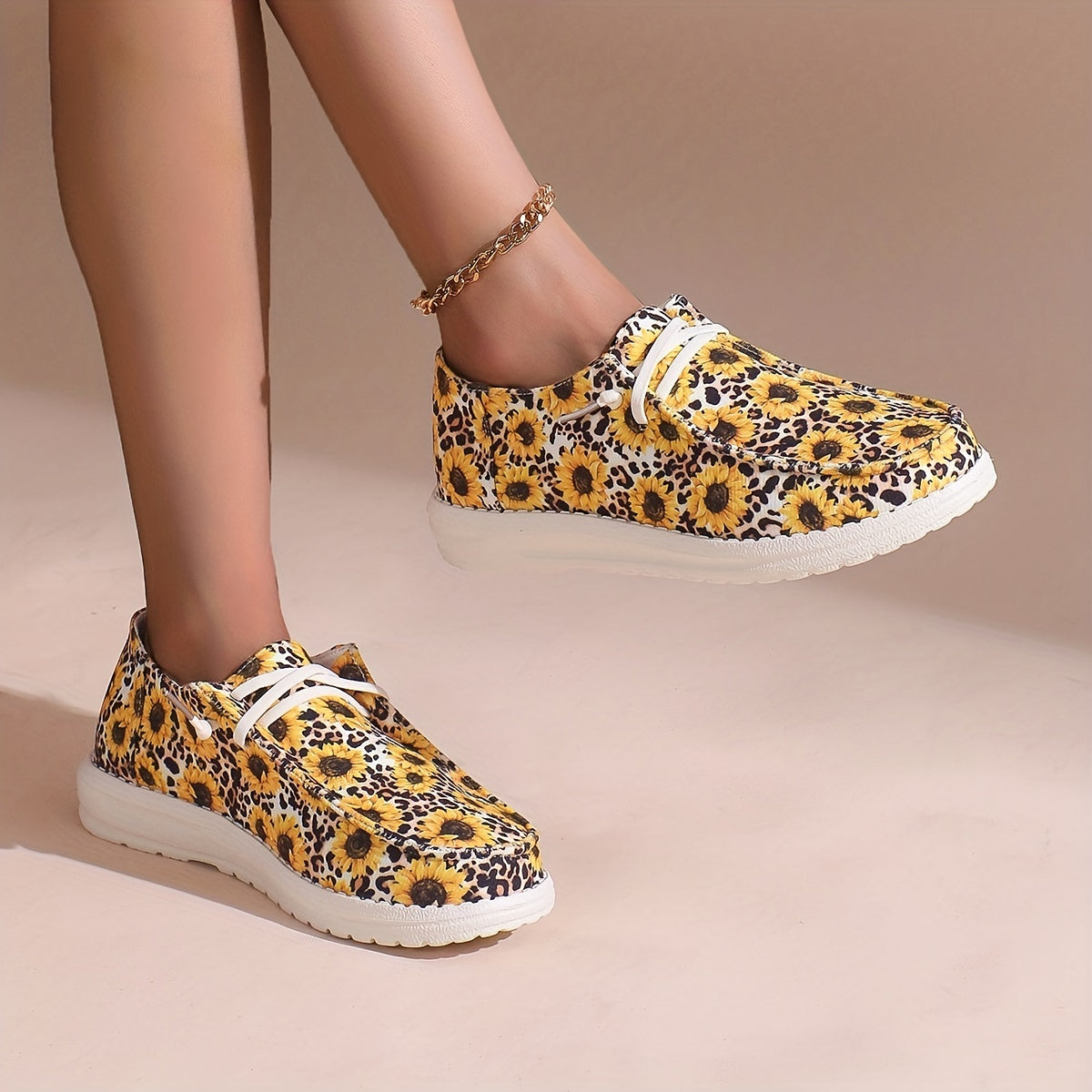 Women's Lace Up Boat Shoes Sunflower Pattern Flat Shoes