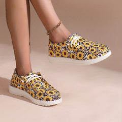 Women's Lace Up Boat Shoes Sunflower Pattern Flat Shoes