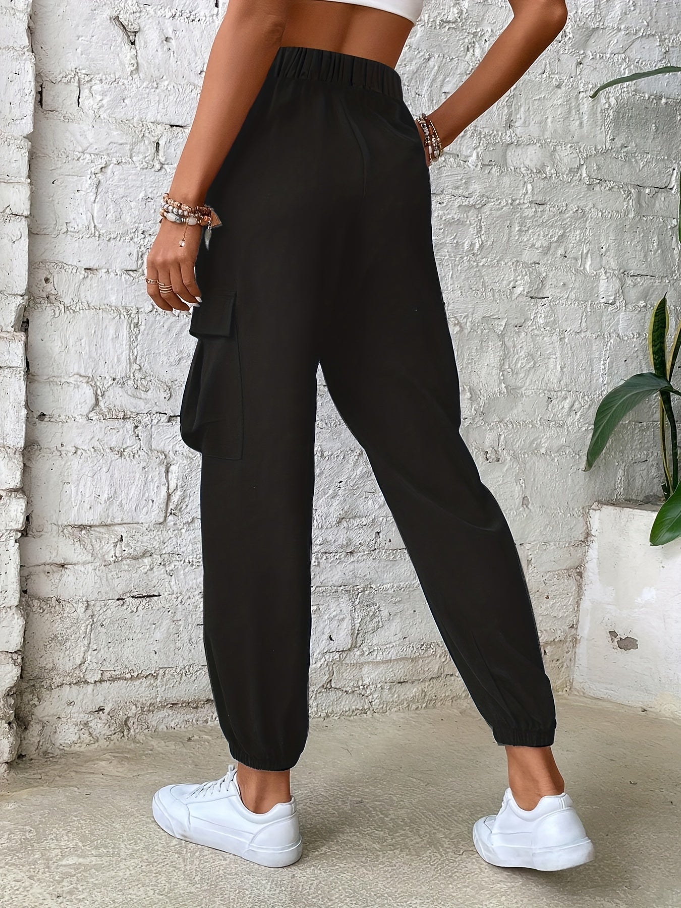 Y2K Solid Drawstring Cargo Pants Elastic Waist Baggy Pants With Pockets