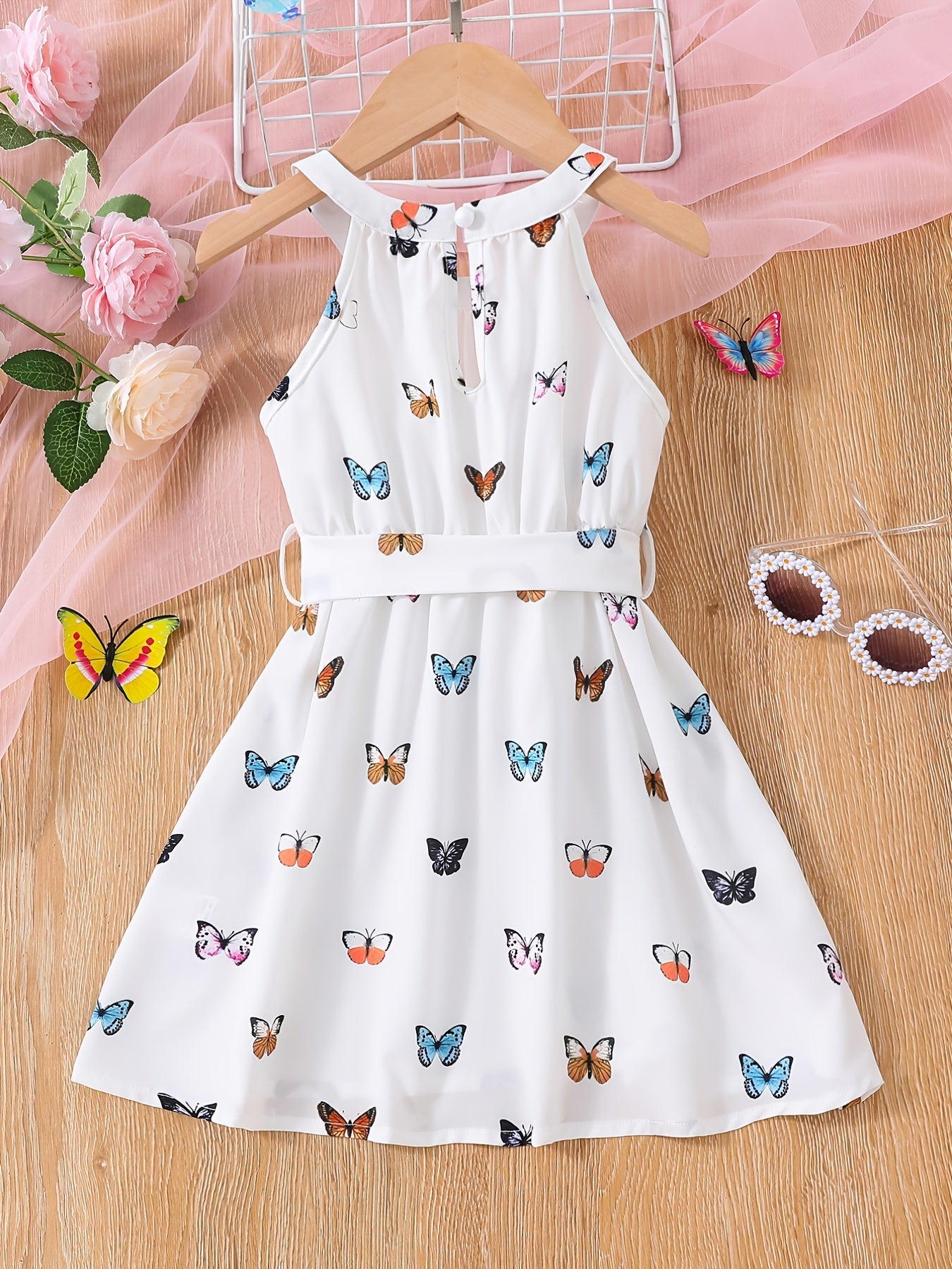 Toddler Girls Butterfly Halter Neck Dress for Party Beach Vacation