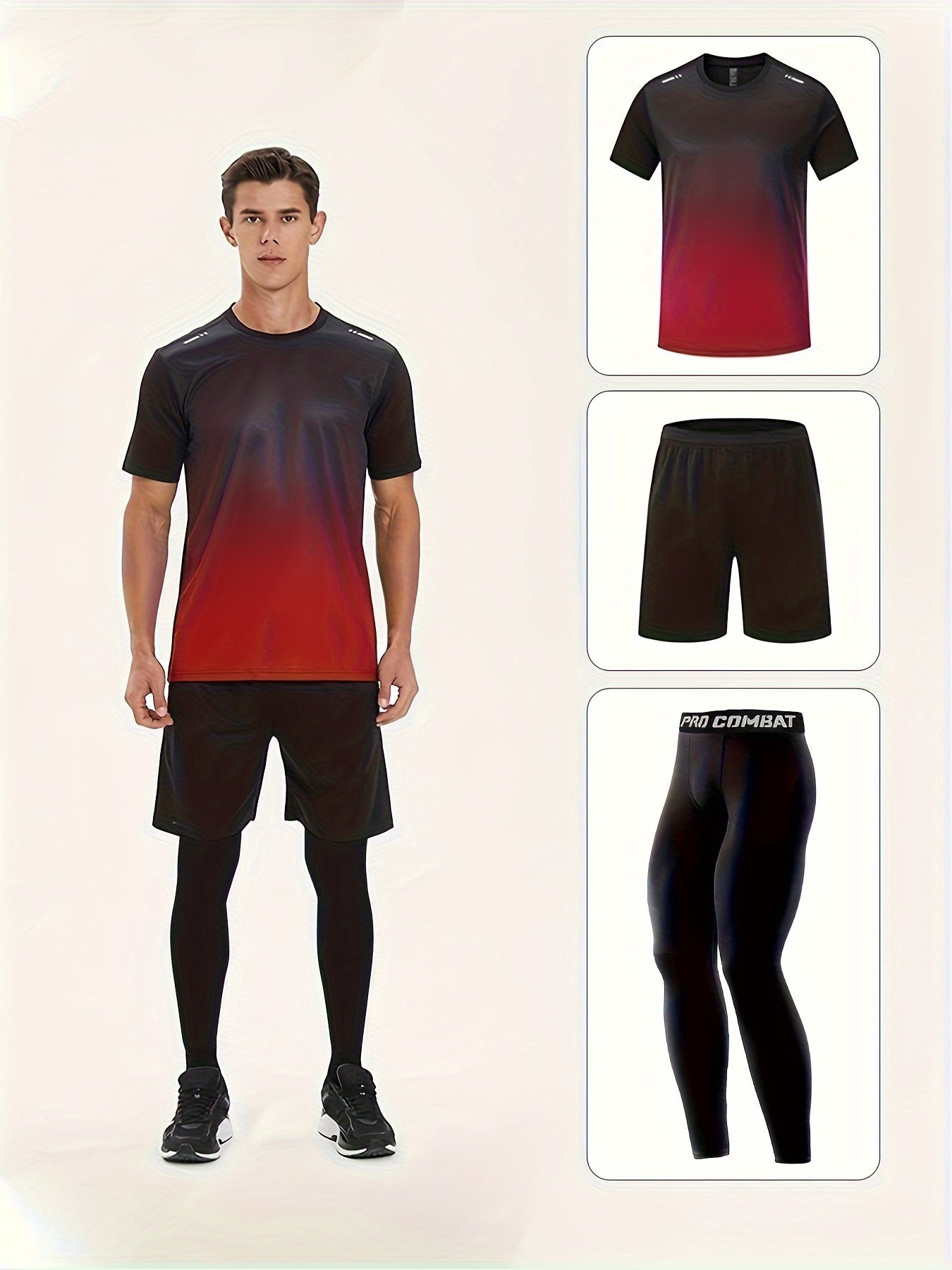 Men's Gradient T-shirt Active Shorts Leggings Set for Basketball Fitness