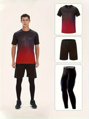 Men's Gradient T-shirt Active Shorts Leggings Set for Basketball Fitness
