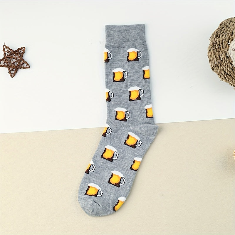 3 Pairs Beer Print Socks Cartoon Comfy Mid Tube Women's Stockings