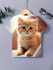 3D Kitty Graphic Crew Neck Short Sleeve T-shirt Girls Summer Clothes