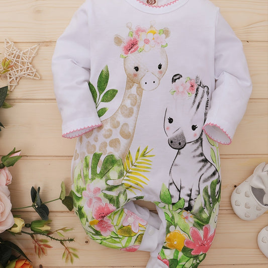 Baby Girls Cotton Long Sleeve Jumpsuit with Floral Print