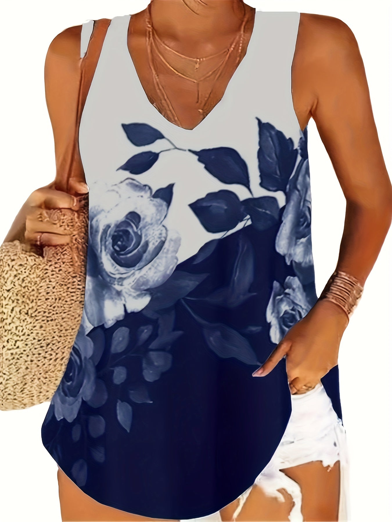 Floral Print V Neck Tank Top Sleeveless Casual Summer Women's Top