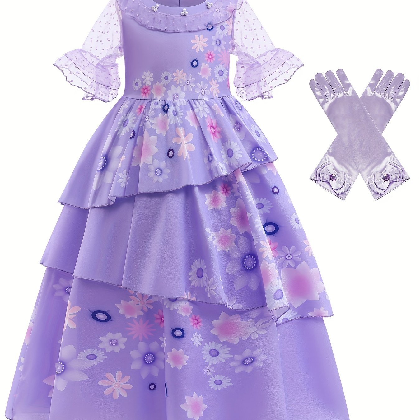 Girls Magic Princess Dress Polka Dots Flare Lace Sleeve Prom Party Dress Gloves