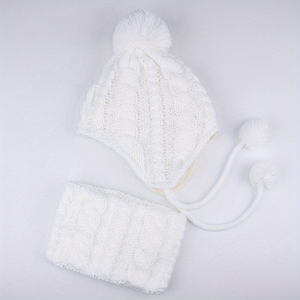 Kids Knitted Thermal Beanie Hat & Scarf Set - Winter Yarn Pom Pom Hat Scarf Set