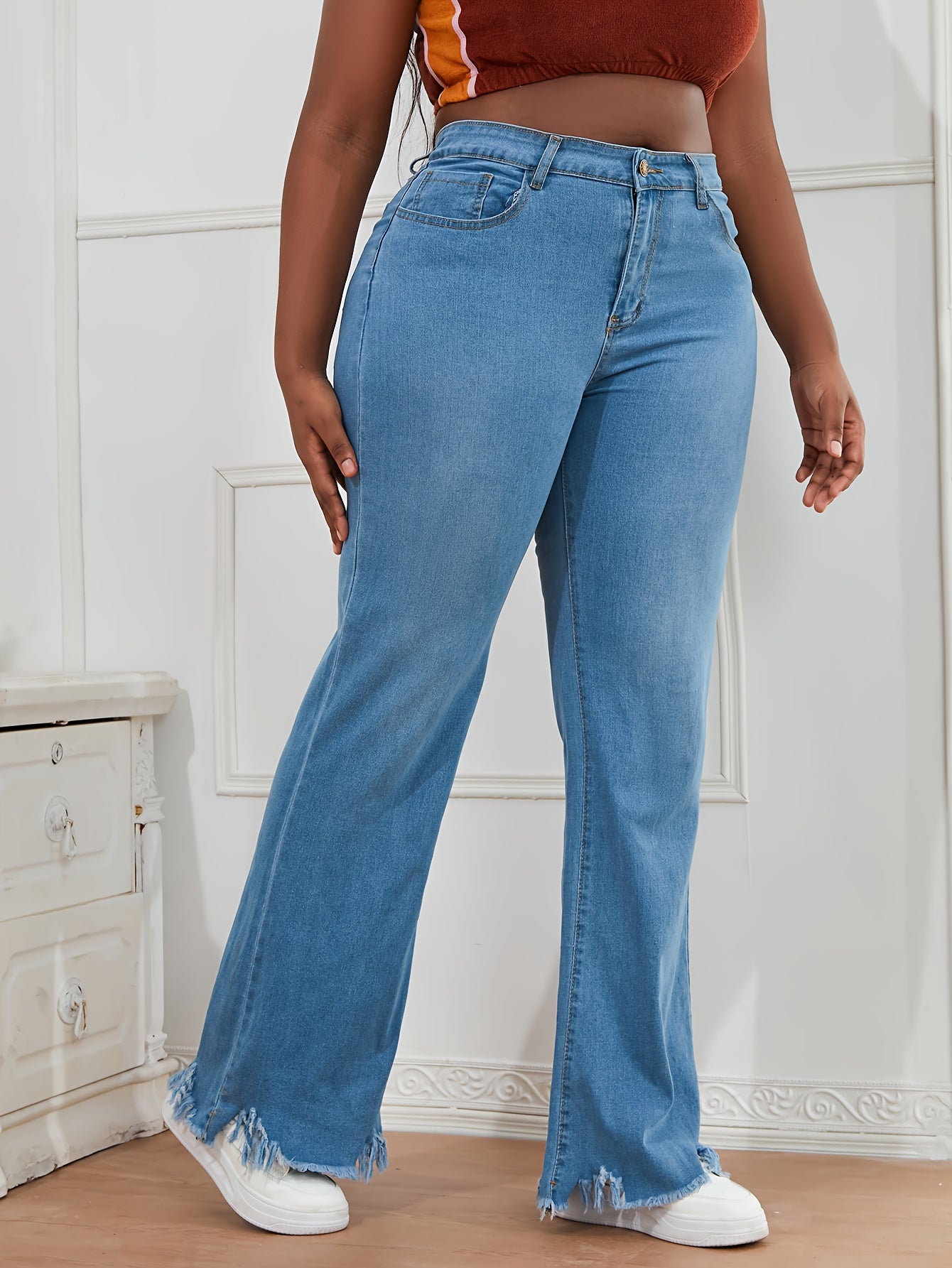 Women's Plus Fringe Trim High Rise Flared Leg Jeans