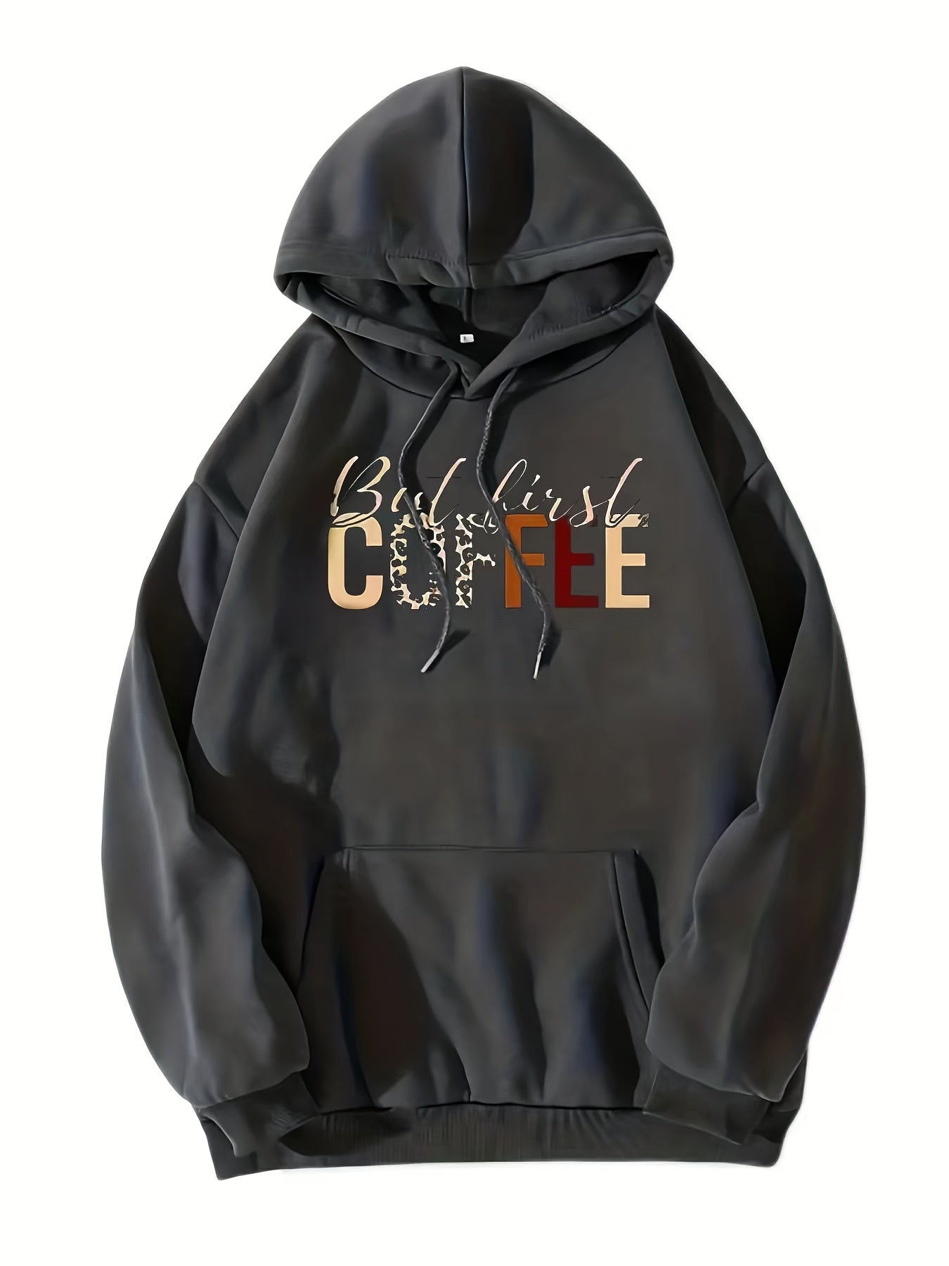 Coffee Print Kangaroo Pocket Hoodie Casual Long Sleeve Drawstring Hoodies