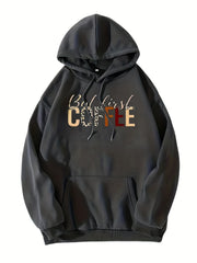 Coffee Print Kangaroo Pocket Hoodie Casual Long Sleeve Drawstring Hoodies