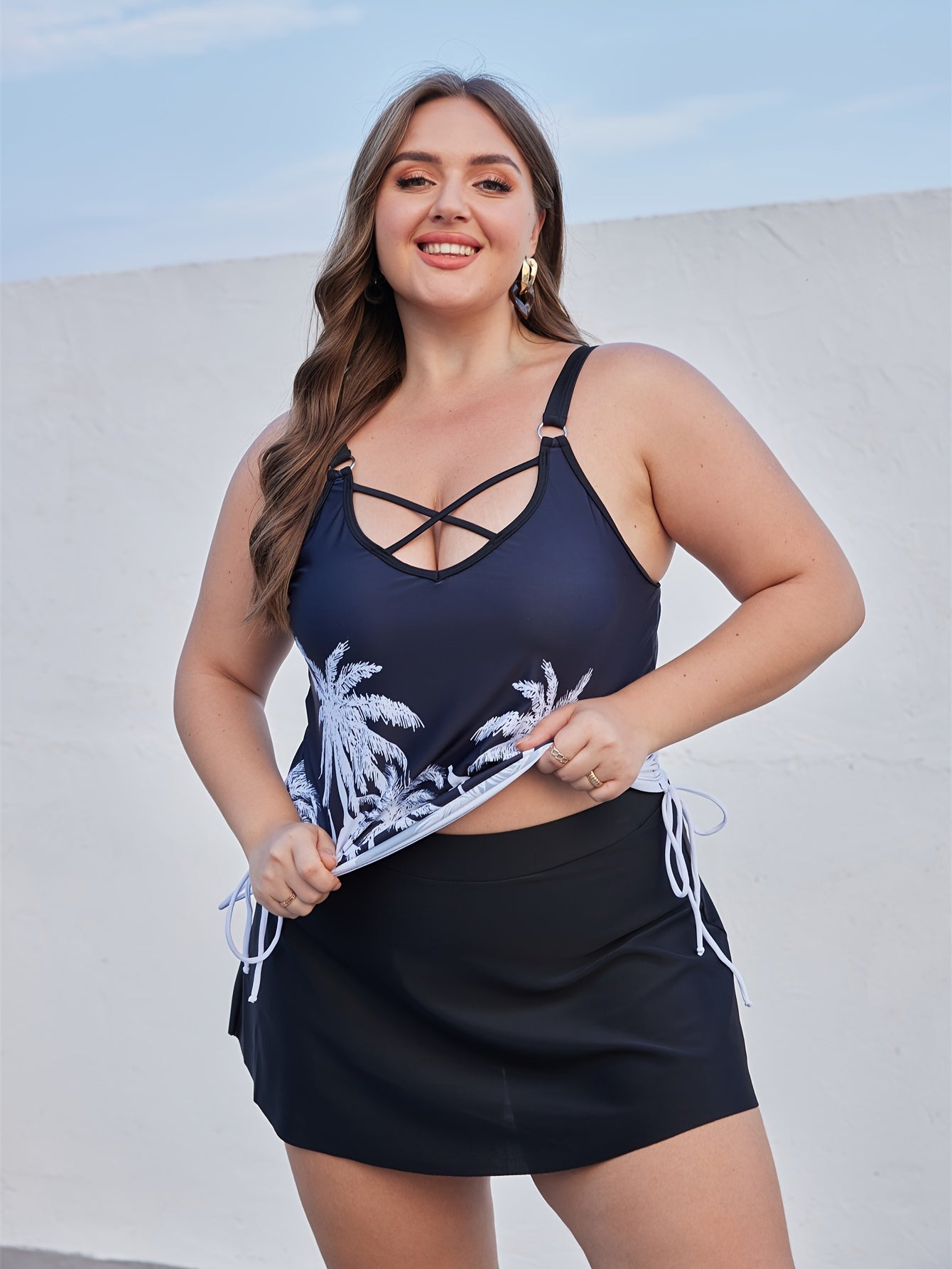 Tropical Print Tankini Set Lace Up Cami Top & Skirt Swimsuit