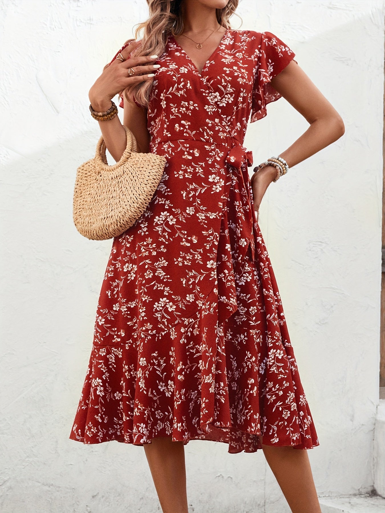 Floral Print V Neck Slim Dress Casual for Spring & Fall