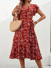 Floral Print V Neck Slim Dress Casual for Spring & Fall
