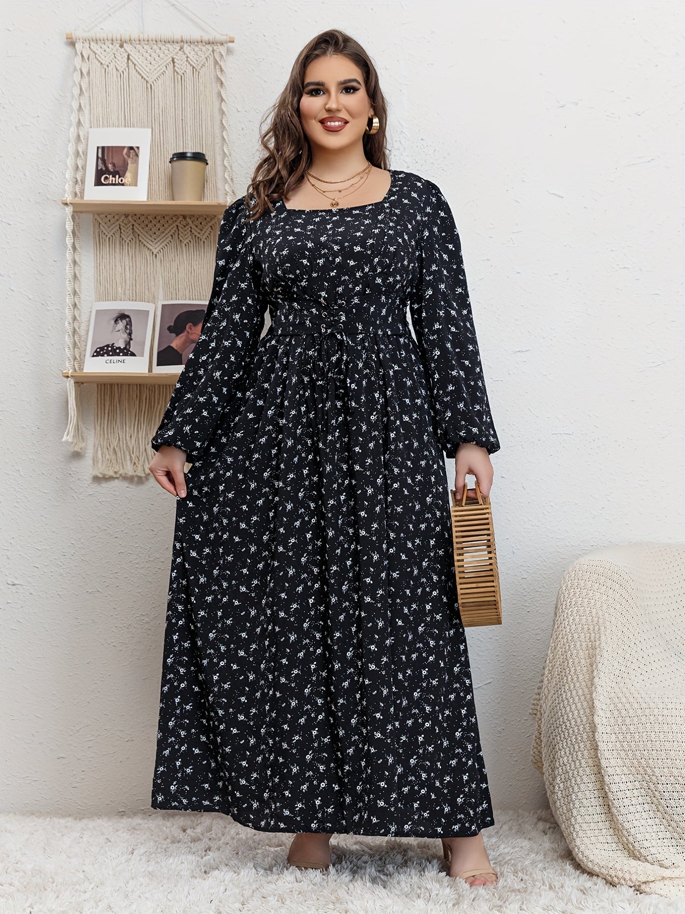 Abaya Dress Women's Plus Ditsy Floral Print Lantern Sleeve
