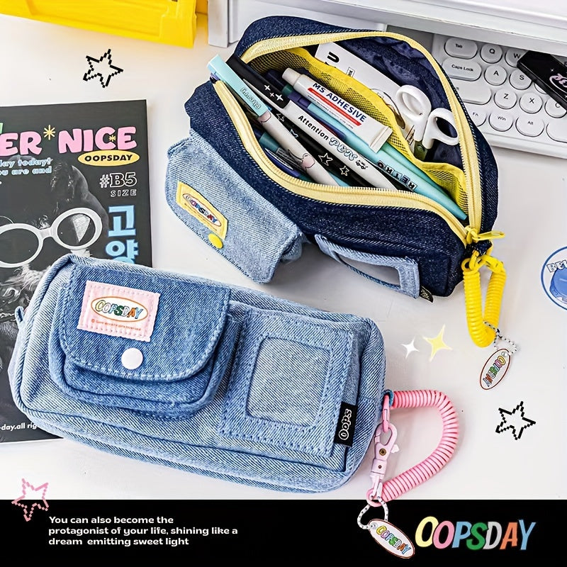 Vintage Danning Denim Pencil Case Large Storage Zipper Stationery Pouch