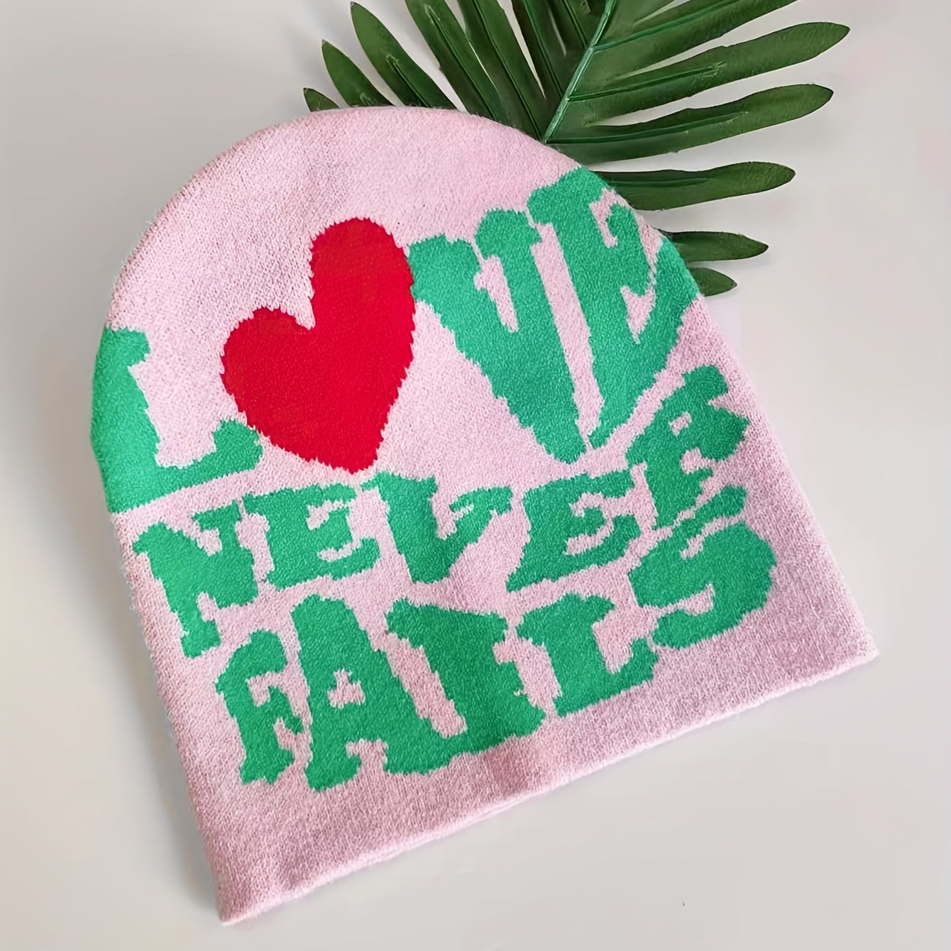 Pink Letter Jacquard Warm Beanie Love Never Fails Elastic Knit Hat