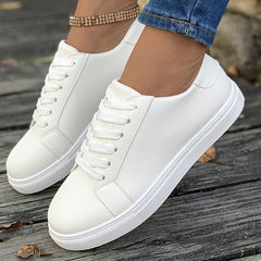 Solid Faux Leather Flat Skate Shoes Low Cut Lace Up Sneakers