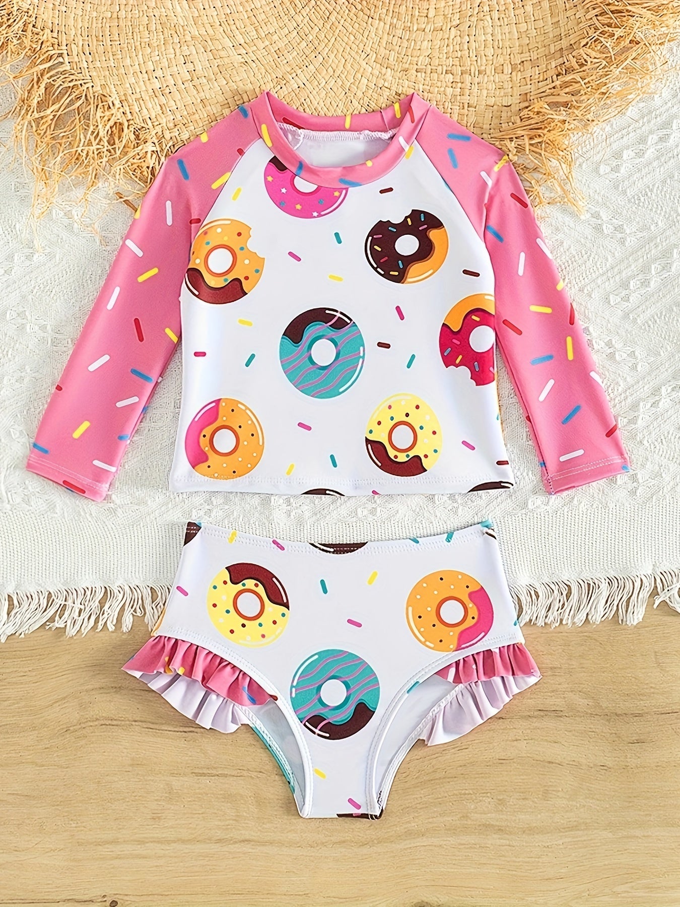 Girls' Donut Graphic Long Sleeve Swimwear Set, 2pcs