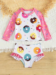 Girls' Donut Graphic Long Sleeve Swimwear Set, 2pcs