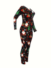 Christmas Print Lounge Jumpsuit Long Sleeve V Neck Buttons Jumpsuit