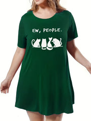 Cat & Letter Print Short Sleeve Round Neck Nightdress