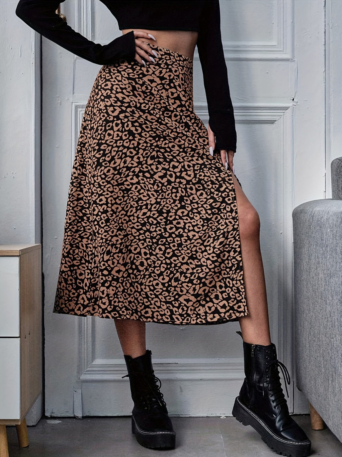 Leopard Print Split Skirt for Women