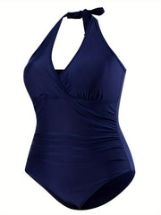 Solid Surplice Neck Halter One Piece Bathing Suit