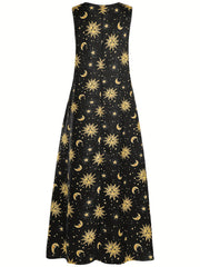 Moon & Sun Print Notched Neck Sleeveless Tank Dress