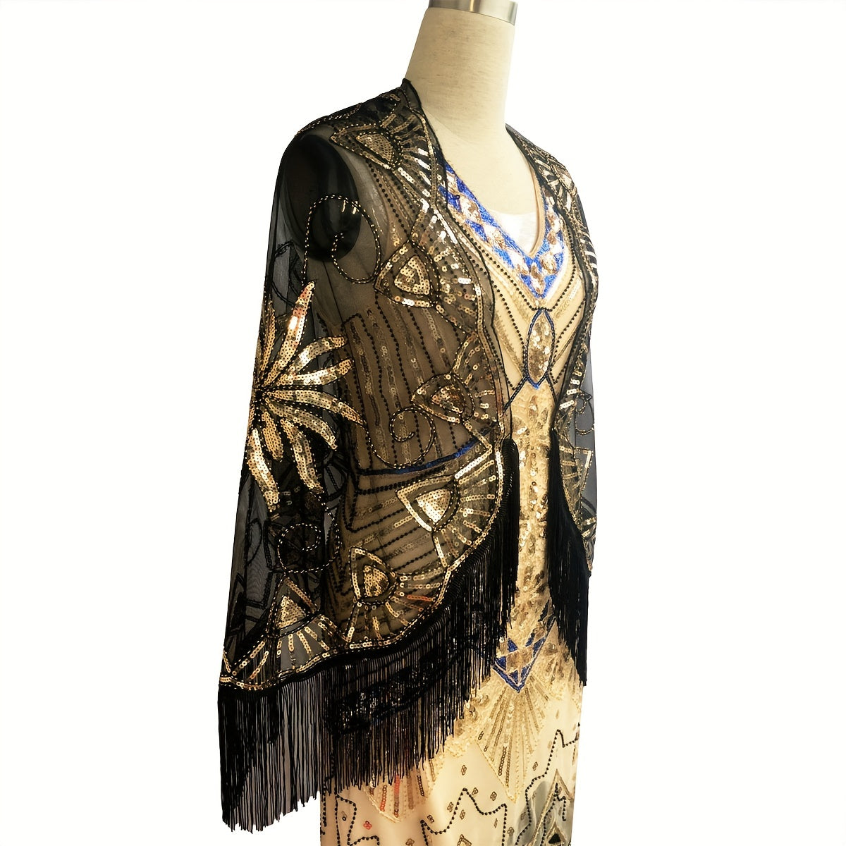 Vintage Sequin Beaded Tassel Shawl 1920s Large Cape Flapper Shawls