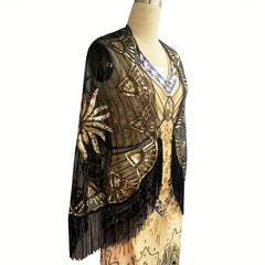 Vintage Sequin Beaded Tassel Shawl 1920s Large Cape Flapper Shawls