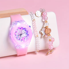 Hot Deal Cartoon Pony Silicone Strap LED Girls Watch Quartz Wristwatch Set