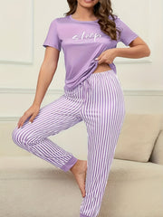 Eyelash Letter Print Tee & Striped Joggers 2 Piece Lounge Set
